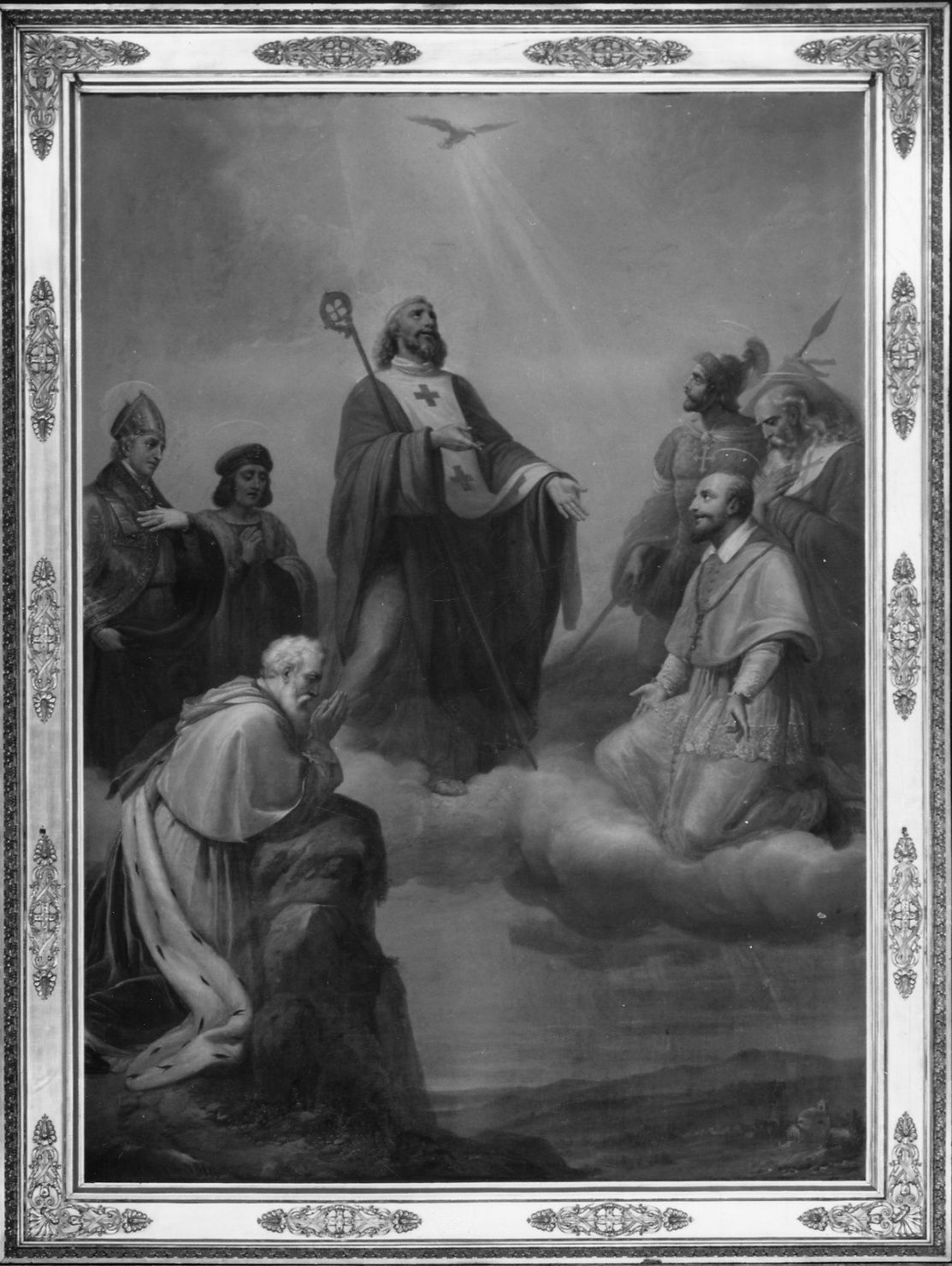 I SANTI MARTINO, MAURIZIO, LAZZARO, FRANCESCO DI SALES E I BEATI UMBERTO E BONIFACIO CON IL DUCA AMEDEO VIII DI SAVOIA IN PREGHIERA (dipinto, opera isolata) di Biscarra Giovanni Battista (metà sec. XIX)