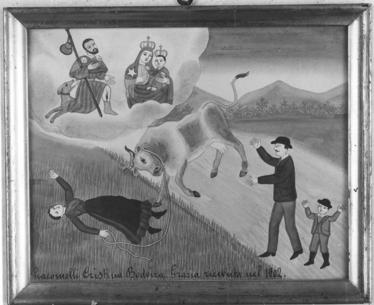 INCIDENTE DI CAMPAGNA E INTERVENTO DELLA MADONNA DELLA CONSOLATA CON SAN ROCCO (ex voto, opera isolata) - ambito piemontese (inizio sec. XX)