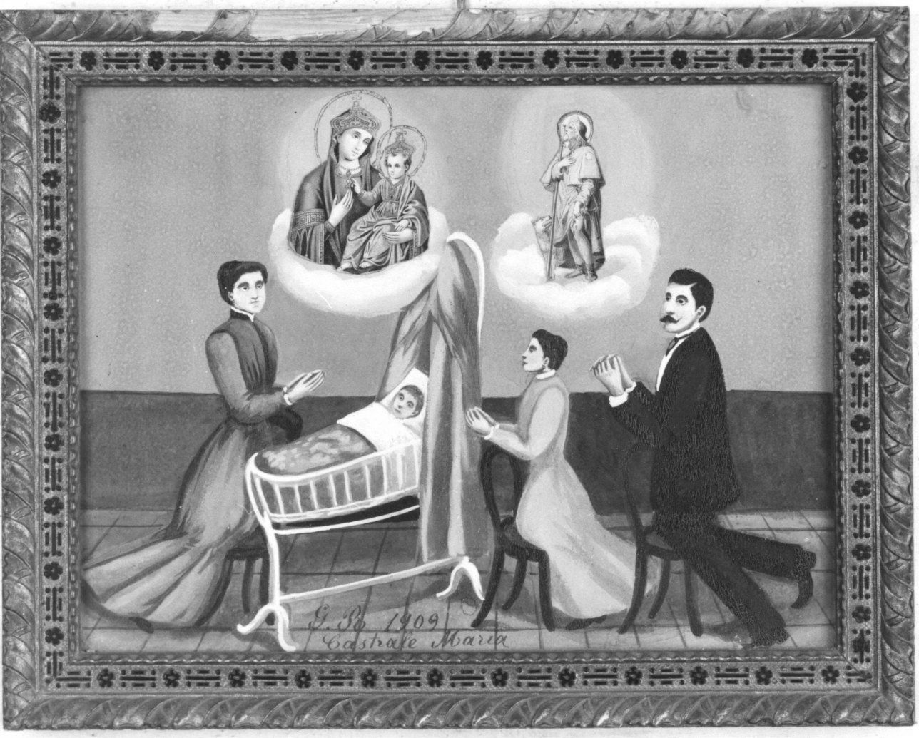 FAMIGLIA CHE INVOCA LA MADONNA DELLA CONSOLATA E SAN ROCCO PER LA GUARIGIONE DI UN NEONATO (ex voto, opera isolata) - ambito torinese (inizio sec. XX)