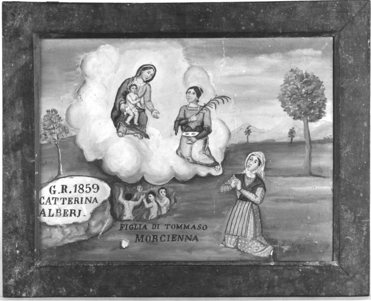 DONNA CHE PREGA LA MADONNA CON IL BAMBINO, SANTA LUCIA E LE ANIME PURGANTI (ex voto, opera isolata) - ambito piemontese (seconda metà sec. XIX)