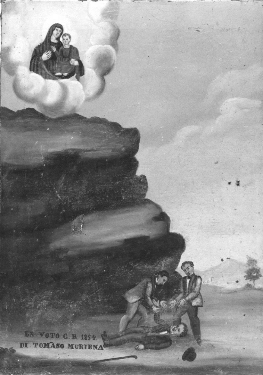 INCIDENTE IN MONTAGNA E LA MADONNA CON BAMBINO (ex voto, opera isolata) - ambito torinese (metà sec. XIX)