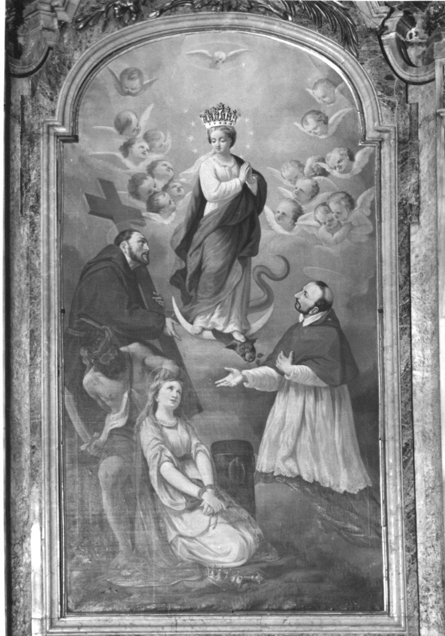 MADONNA IMMACOLATA CON SAN GIOVANNI DELLA CROCE, SAN CARLO BORROMEO E SANT'EUROSIA (dipinto, opera isolata) di Appendini Emanuele (ultimo quarto sec. XIX)