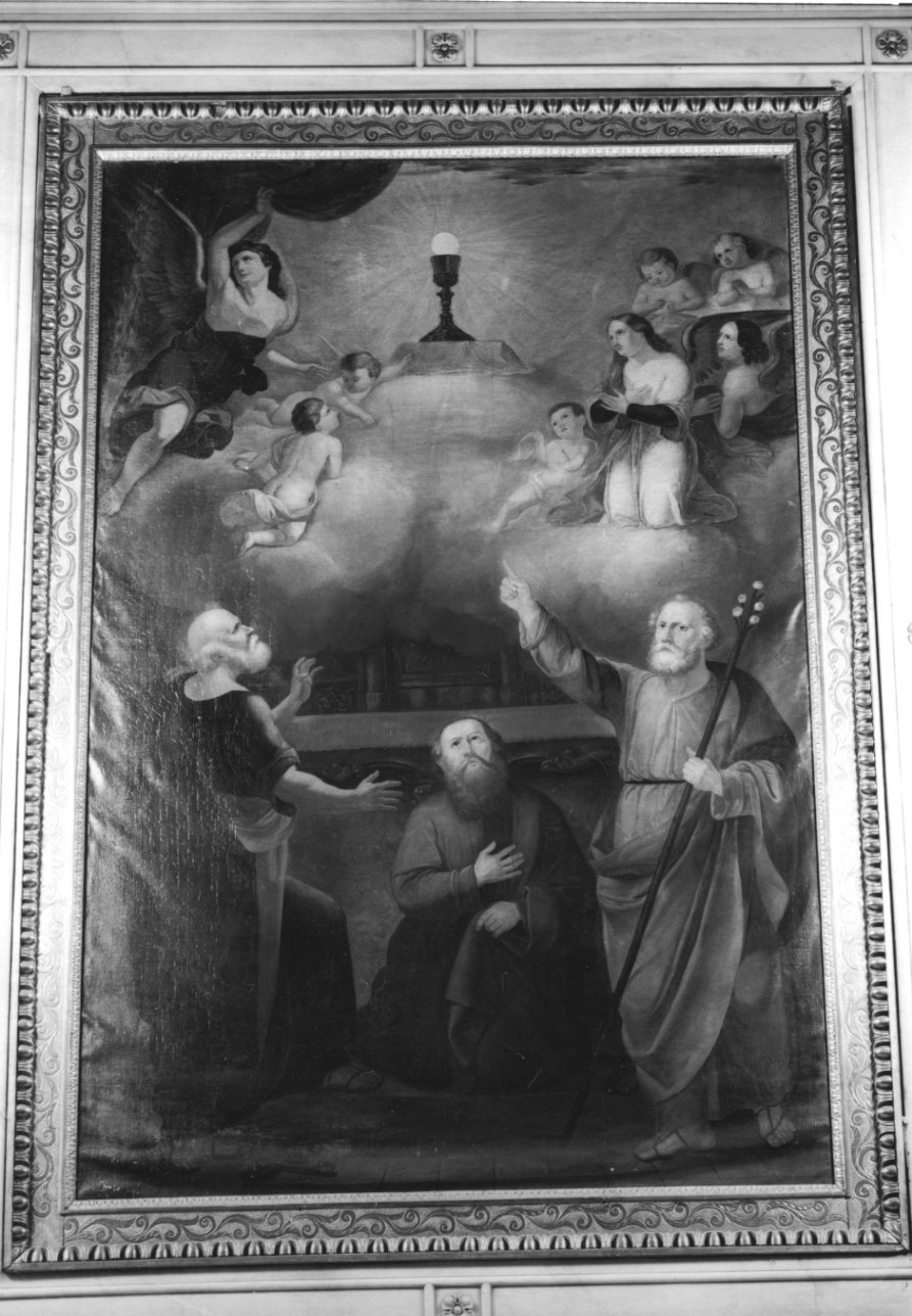 gloria dell'Eucaristia con San Pietro, San Paolo e San Giuseppe (dipinto, opera isolata) di Raineri Paolo (seconda metà sec. XIX)