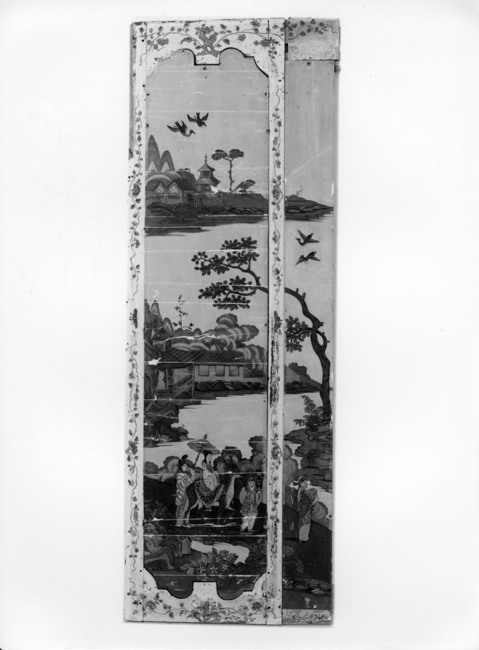 paesaggio con figura femminile orientale su daino e due servitori (elemento decorativo, elemento d'insieme) di Massa Pietro, Juvarra Filippo (sec. XVIII)