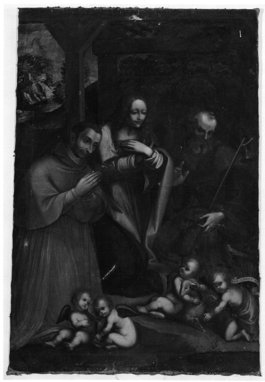 adorazione di Gesù Bambino con la Madonna, San Carlo Borromeo, Sant'Antonio Abate e San Giovanni Battista bambino (dipinto, opera isolata) - ambito lombardo-piemontese (prima metà sec. XVII)