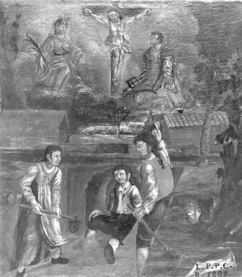 Cristo crocifisso, San Lorenzo e Santo intervengono in un incidente (ex voto, opera isolata) - ambito della Valsesia (inizio sec. XIX)