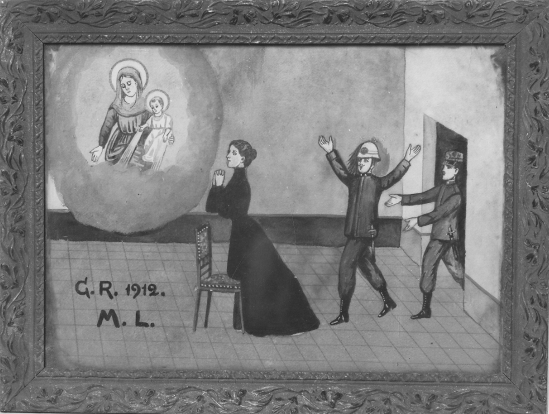 Madonna con Bambino intercede per ritorno di un soldato (ex voto, opera isolata) - ambito piemontese (sec. XX)