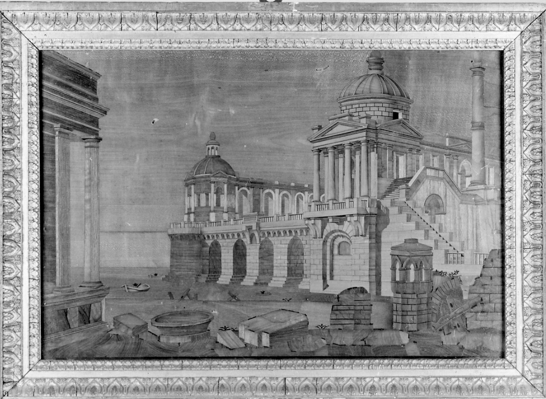 Veduta di porto con edifici antichi, paesaggio con architetture (pannello, elemento d'insieme) di Ravelli Luigi (primo quarto sec. XIX)