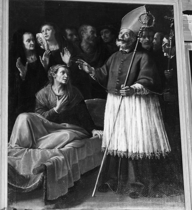 Sant'Innocenzo resuscita la figlia di Prospero (dipinto, elemento d'insieme) di Vermiglio Giuseppe (primo quarto sec. XVII)