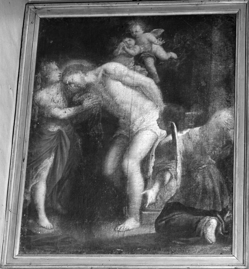Cristo in pietà sorretto da angeli (dipinto, opera isolata) - ambito lombardo (inizio sec. XVII)