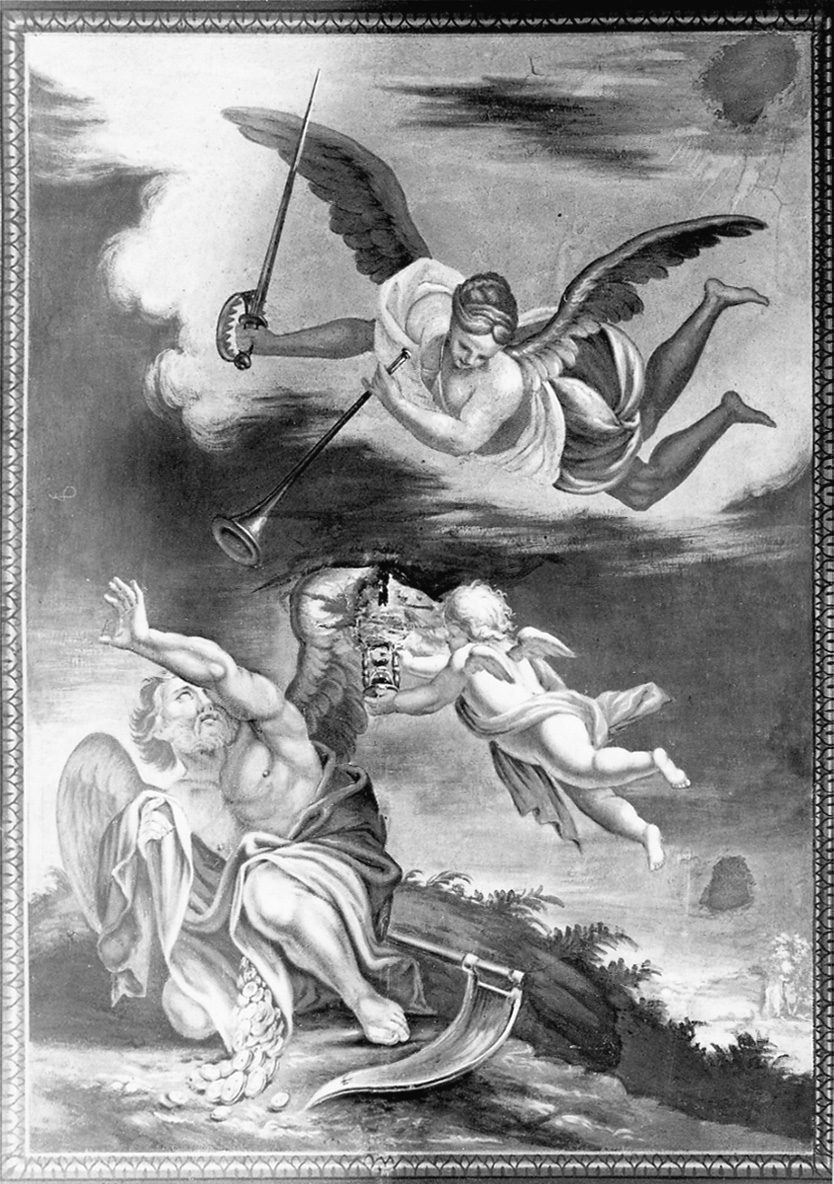 angelo della morte annuncia la fine dei tempi (dipinto, elemento d'insieme) - ambito astigiano (primo quarto sec. XIX)