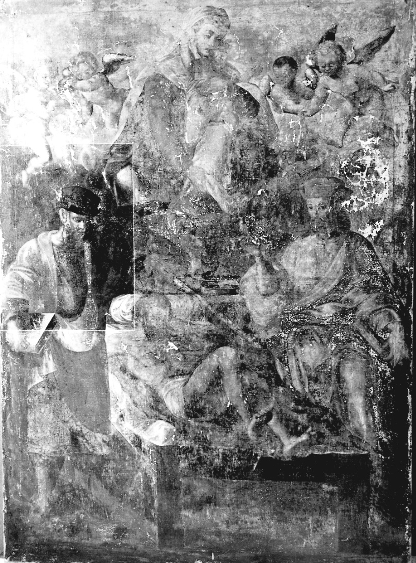 Madonna con Bambino, San Cosma e San Damiano (dipinto, opera isolata) - ambito piemontese (inizio sec. XVII)