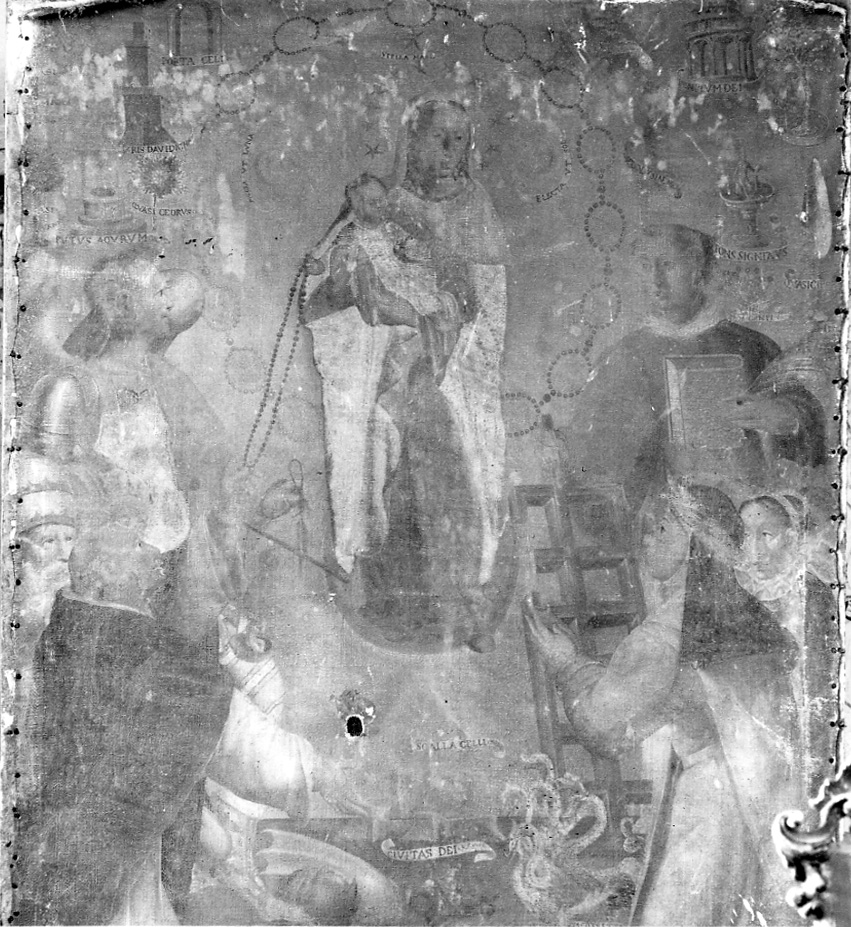 Madonna Immacolata, San Michele arcangelo, San Domenico, Santa Caterina da Siena, San Lorenzo, devoti e simboli delle litanie (dipinto, opera isolata) - ambito casalese (prima metà sec. XVII)