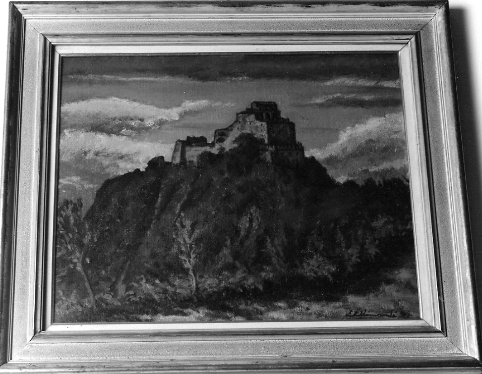 Sacra di S. Michele, veduta della Sacra di San Michele (dipinto, opera isolata) di Allimandi Enrico (metà sec. XX)