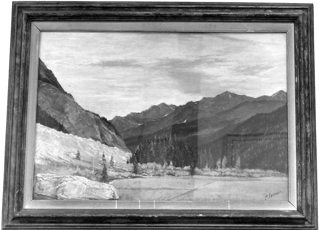Paesaggio con pineta, paesaggio montano (dipinto, opera isolata) di Ferraris Pietro (secondo quarto sec. XX)