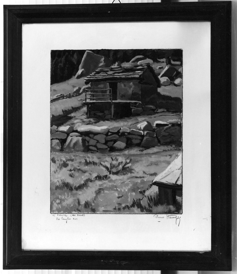 Il fienile (Val Ferret), paesaggio montano con fienile (dipinto, opera isolata) di Stampini Pino (secondo quarto sec. XX)