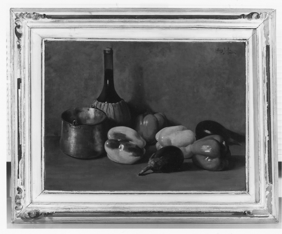 Peperoni e melanzane, natura morta con verdura (dipinto, opera isolata) di Buffa Luigi (metà sec. XX)