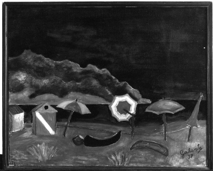 Cabine - barche - parasoli, marina (dipinto, opera isolata) di Galante Nicola (metà sec. XX)