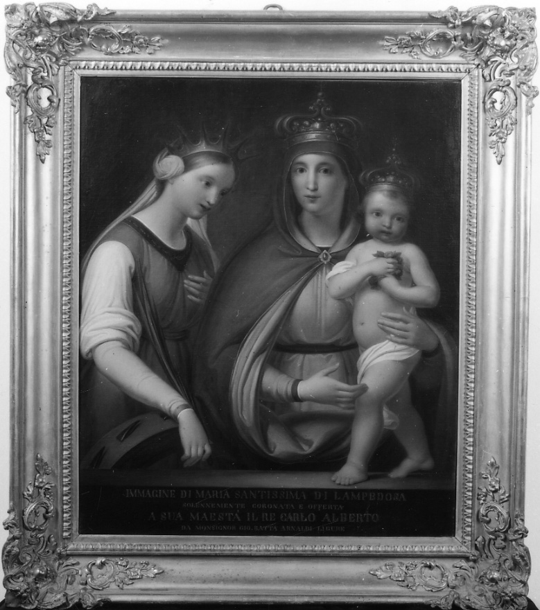 Madonna di Lampedusa, Madonna con Bambino e Santa Caterina d' Alessandria (dipinto, opera isolata) di Massabò Leonardo (secondo quarto sec. XIX)