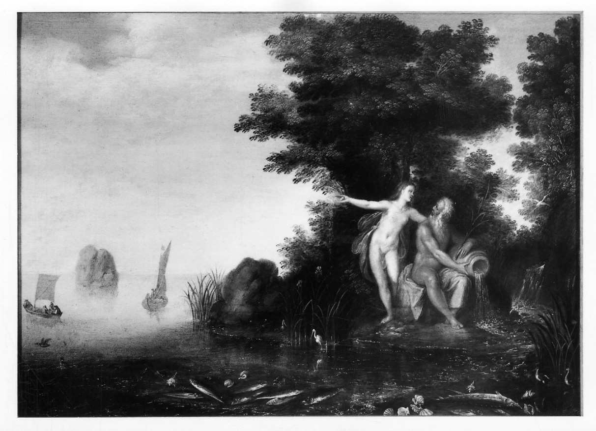 paesaggio con ninfa e personificazione fluviale (dipinto, opera isolata) di Brill Paul (secc. XVI/ XVII)