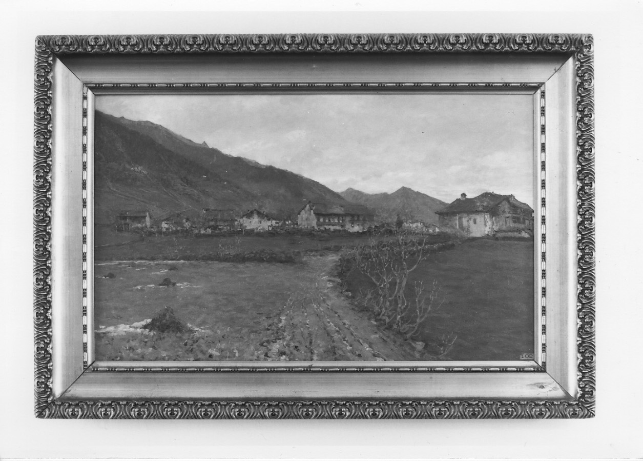 paesaggio montano con villaggio (dipinto, opera isolata) di Soldini Arnaldo (fine/inizio secc. XIX/ XX)