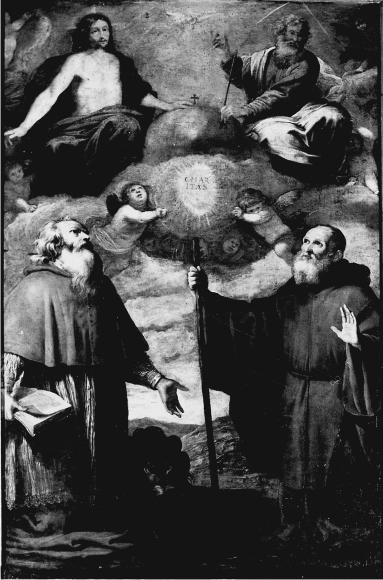 Trinità con San Girolamo e San Francesco di Paola (dipinto, opera isolata) di Carlone Giovanni Battista (terzo quarto sec. XVII)