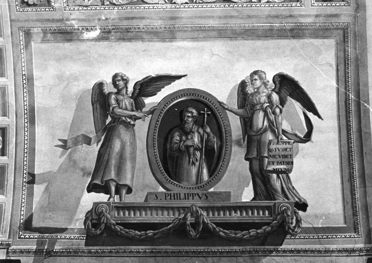 angeli reggenti un tondo con San Filippo (decorazione pittorica, elemento d'insieme) di Costanzo di Moncalvo (secondo quarto sec. XIX)