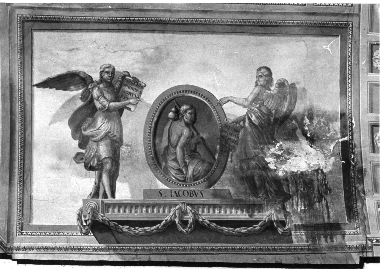 angeli reggenti un tondo con San Giacomo Maggiore (decorazione pittorica, elemento d'insieme) di Costanzo di Moncalvo (secondo quarto sec. XIX)