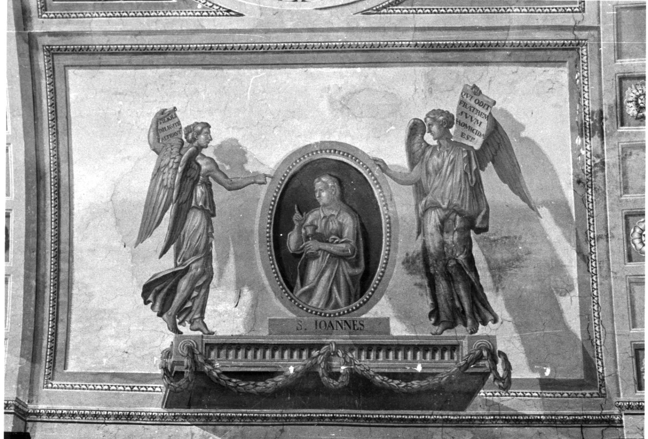 angeli reggenti un tondo con San Giovanni Evangelista (decorazione pittorica, elemento d'insieme) di Costanzo di Moncalvo (secondo quarto sec. XIX)
