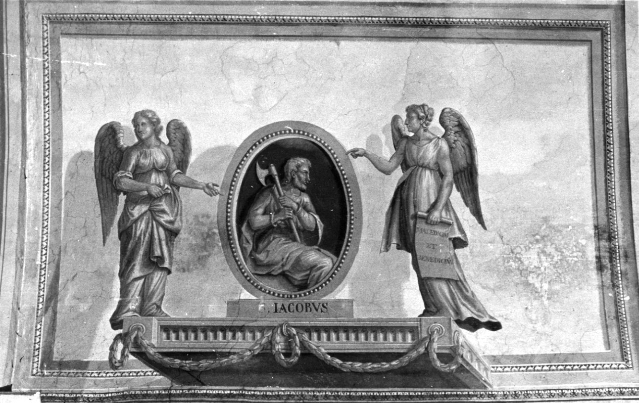 angeli reggenti un tondo con San Giacomo (decorazione pittorica, elemento d'insieme) di Costanzo di Moncalvo (secondo quarto sec. XIX)