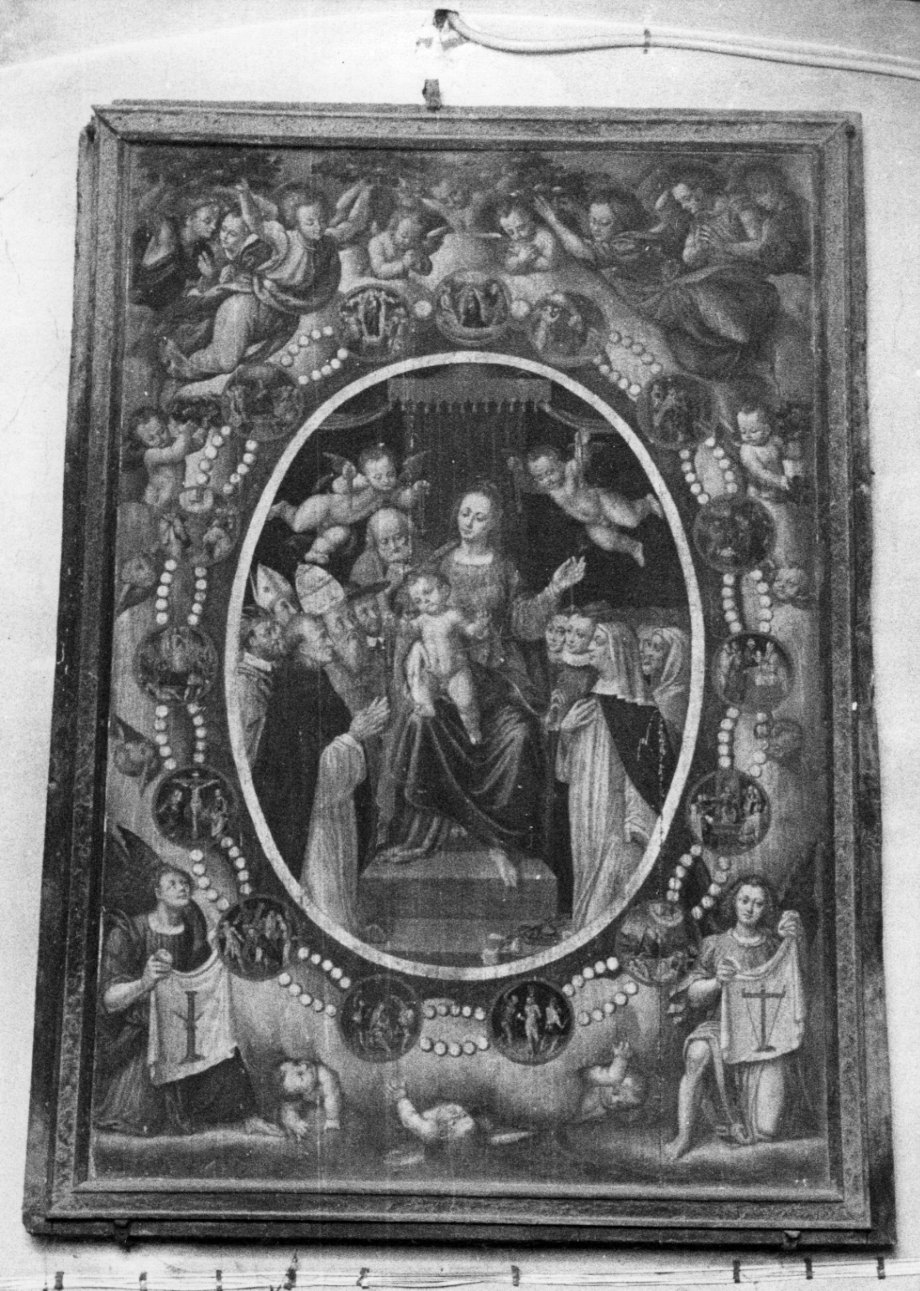 Madonna del Rosario con San Domenico, Santa Caterina da Siena e devoti (dipinto, opera isolata) - ambito piemontese (fine/inizio secc. XVI/ XVII)