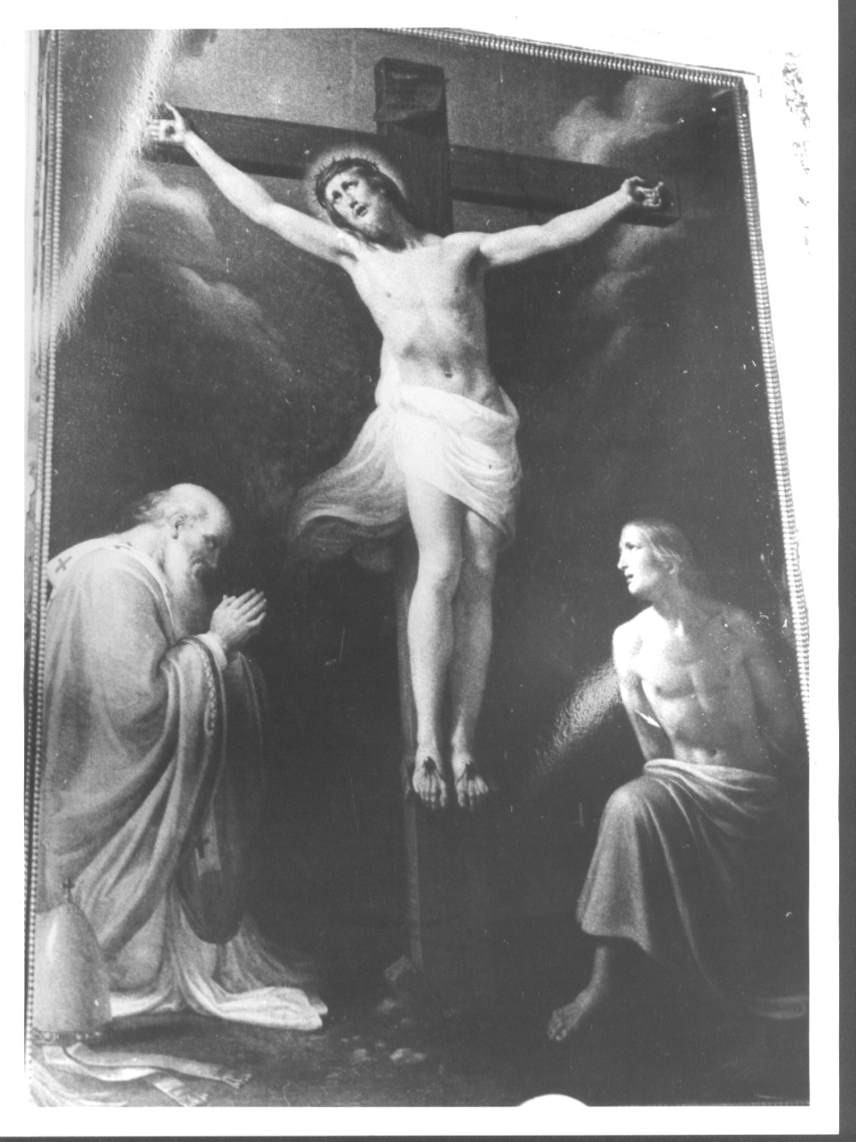 Crocifissione di Cristo con San Sebastiano e pontefice (dipinto, opera isolata) di Mensi Francesco (metà sec. XIX)