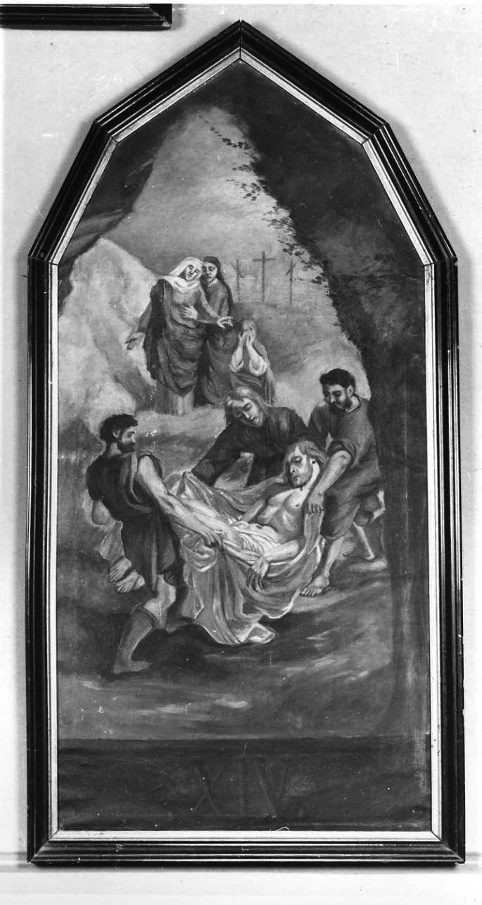 stazione XIV: Gesù deposto nel sepolcro (dipinto, elemento d'insieme) di Bottero C (inizio sec. XX)