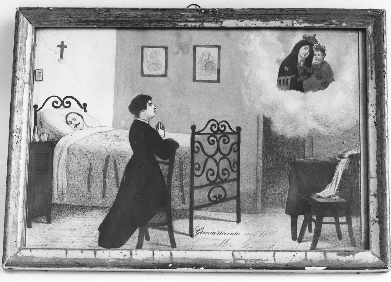 Madonna con Bambino intercede per guarigione (ex voto, opera isolata) - ambito piemontese (fine sec. XIX)