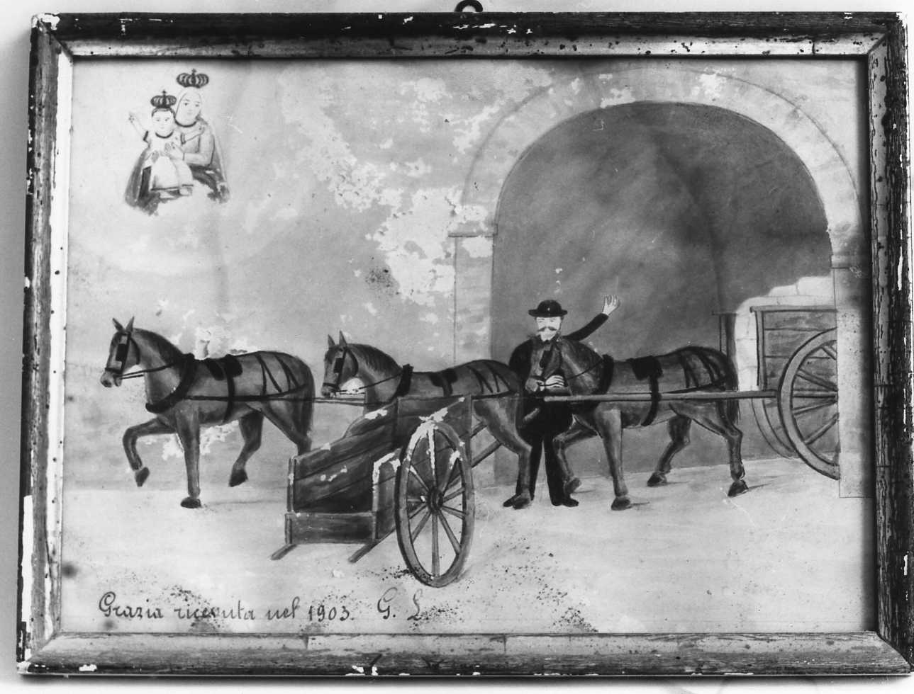 Intervento di Maria Ausiliatrice per salvare da un incidente (ex voto, opera isolata) - ambito piemontese (inizio sec. XX)