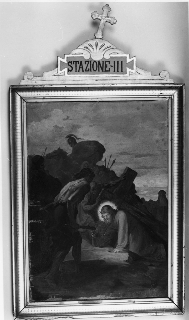 stazione III: Gesù cade sotto la croce la prima volta (dipinto) di Piana Quintino (inizio sec. XX)