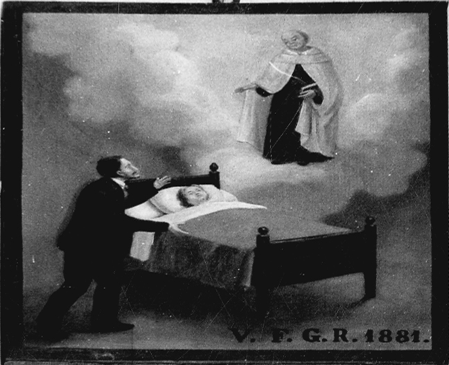 Intervento del beato Giacobino per guarigione (ex voto, opera isolata) - ambito biellese (ultimo quarto sec. XIX)