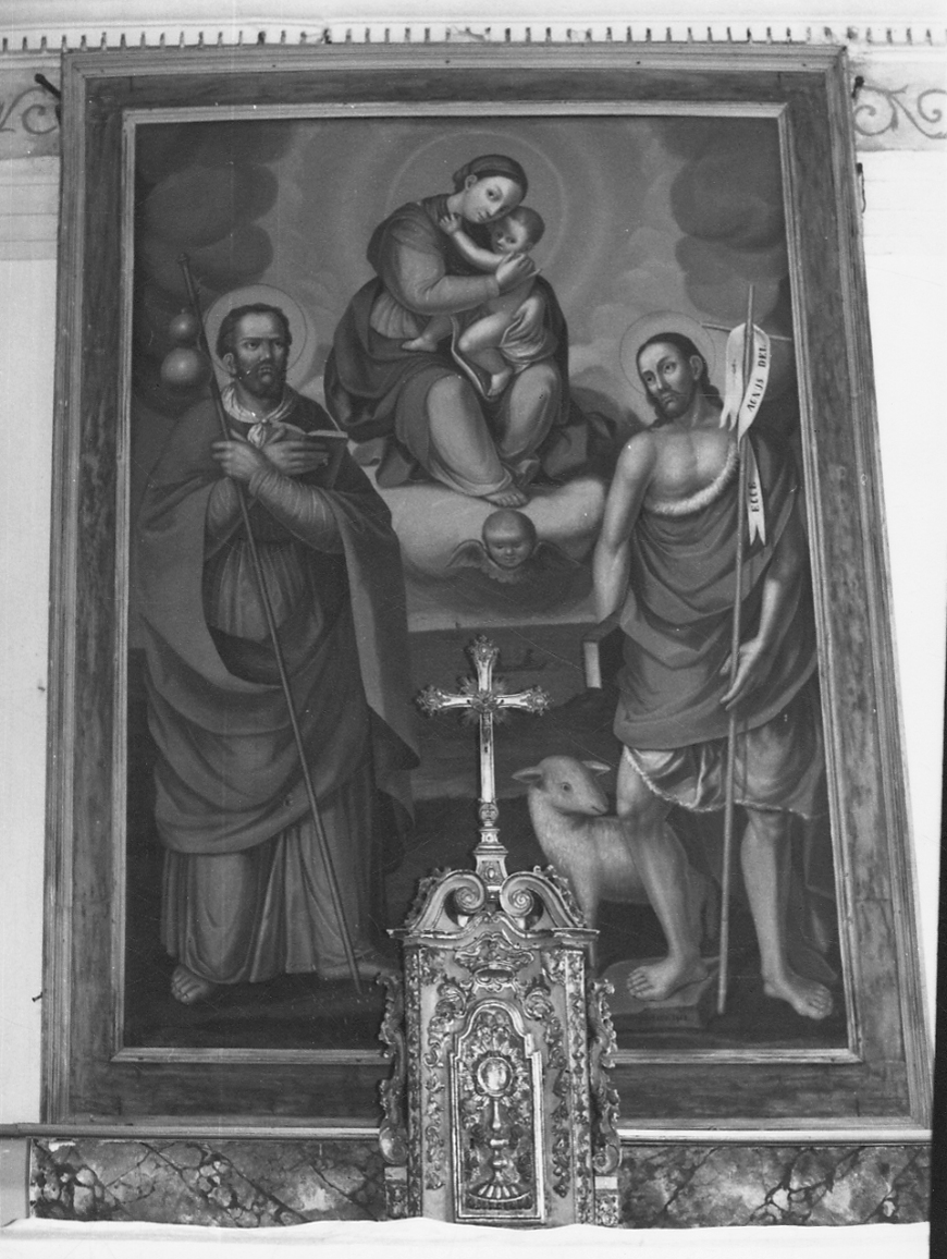 Madonna con Bambino, San Giacomo Maggiore e San Giovanni Battista (dipinto, opera isolata) di Morera P (secondo quarto sec. XIX)