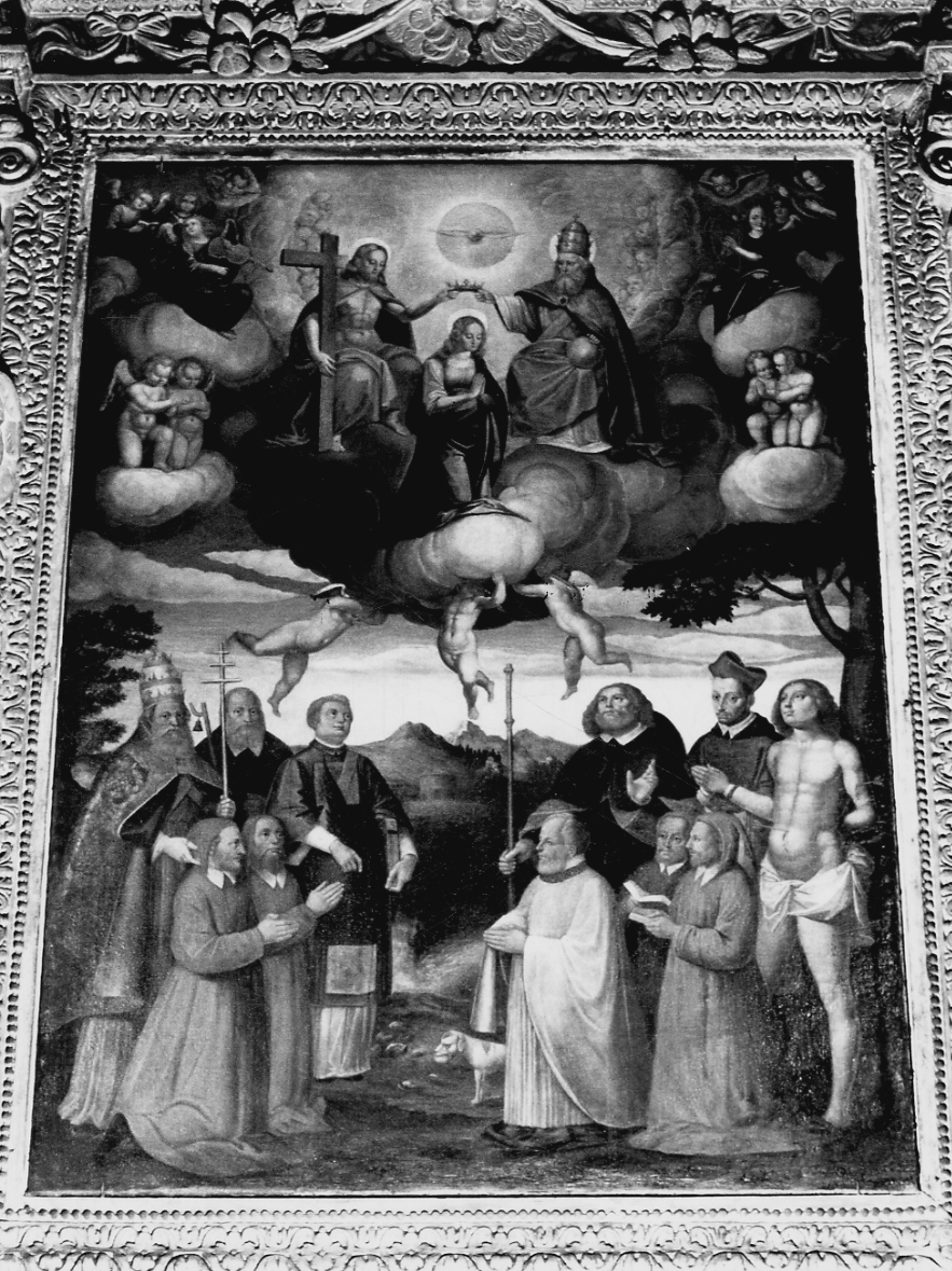 incoronazione di Maria Vergine tra santi e confratelli (dipinto, opera isolata) di Costantino Vincenzo (attribuito) (sec. XVII)