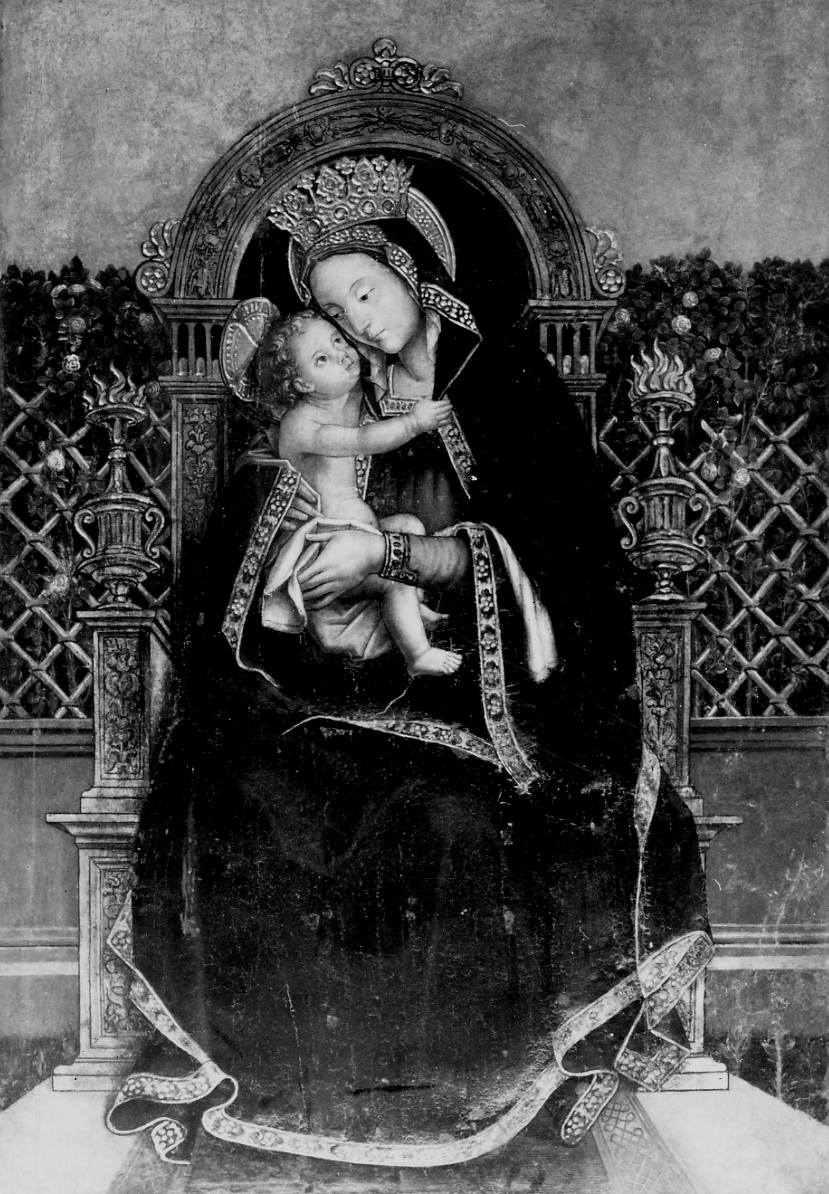 Madonna in trono con Bambino (dipinto, elemento d'insieme) di Ferrari Defendente (inizio sec. XVI)