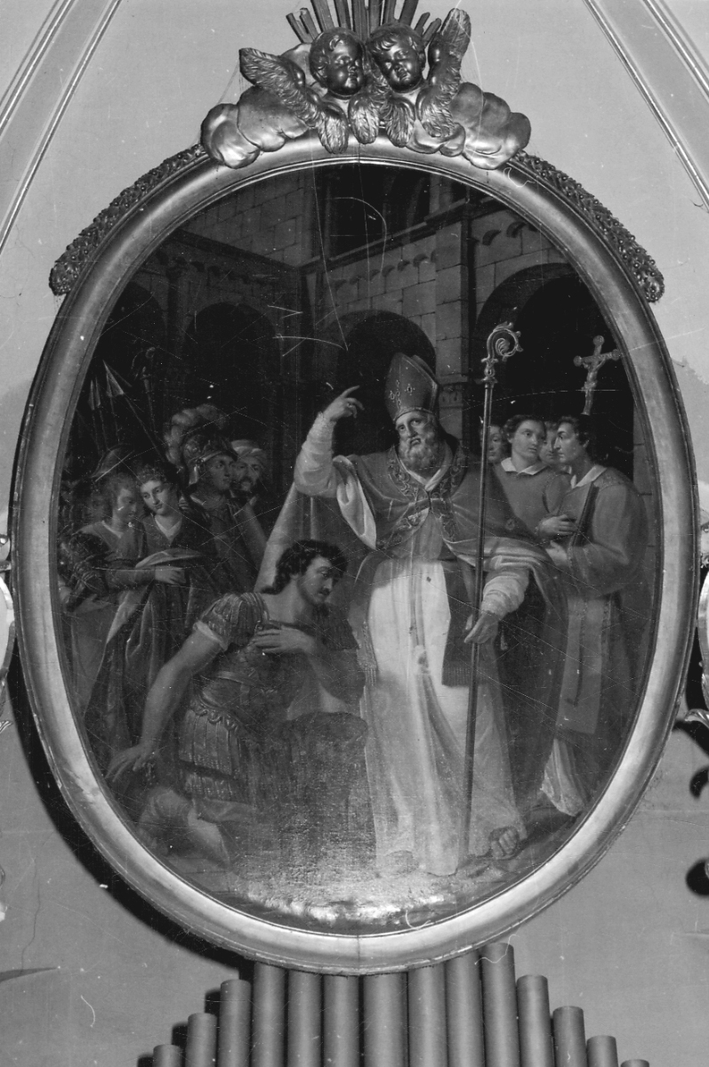 Sant'Ambrogio rifiuta l'ingresso in chiesa all'imperatore Teodosio (dipinto, opera isolata) di Bernero Luigi (secondo quarto sec. XIX)