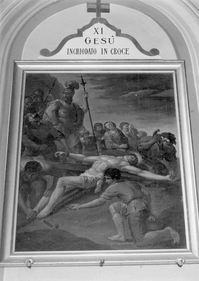 stazione XI: Gesù inchiodato alla croce (dipinto) di Belotti Carlo (terzo quarto sec. XIX)