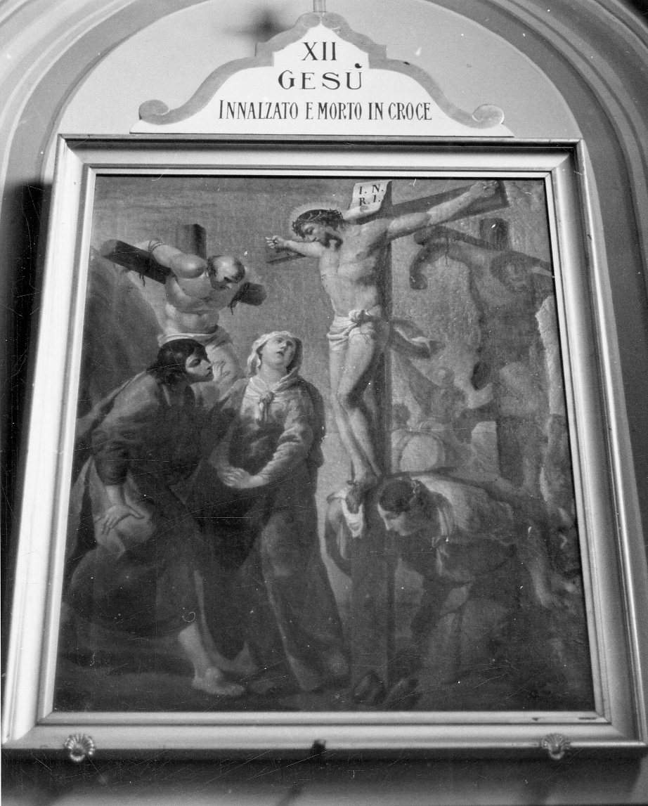 stazione XII: Gesù innalzato e morto in croce (dipinto) di Belotti Carlo (terzo quarto sec. XIX)