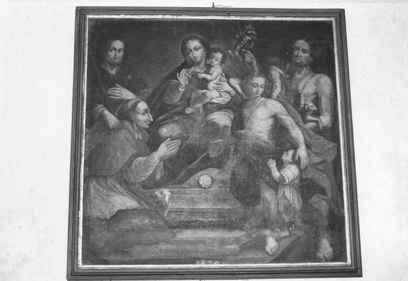 Madonna con Bambino in trono con San Rocco, San Giovanni Battista, San Carlo Borromeo e committente (dipinto, opera isolata) - ambito piemontese (sec. XIX)