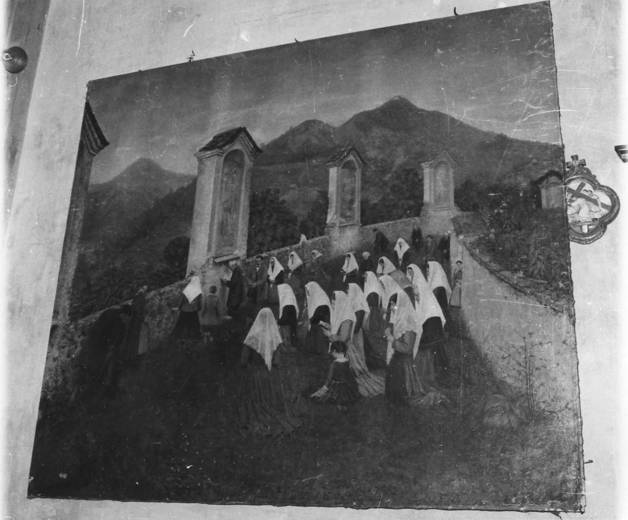 devoti in preghiera davanti alle stazioni della Via Crucis (dipinto, opera isolata) - ambito piemontese (inizio sec. XX)