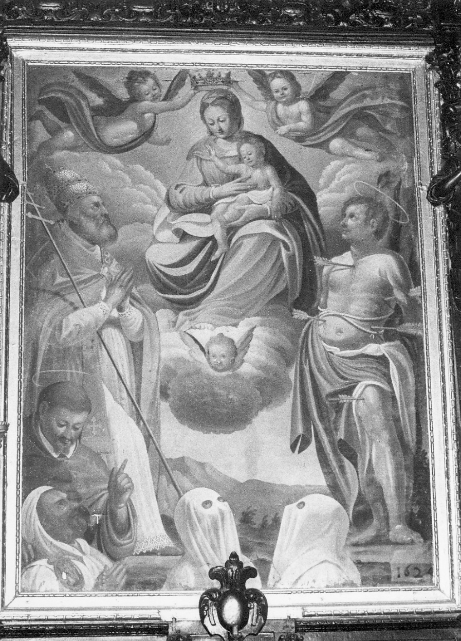 incoronazione di Maria Vergine con i santi Fabiano, Sebastiano, Carlo Borromeo (dipinto, opera isolata) - ambito emiliano (primo quarto sec. XVII)