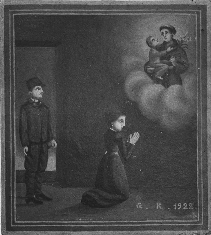 intervento di sant' Antonio da Padova per devota e soldato (ex voto, opera isolata) di Reineri Antonio detto Toni della Madonna (primo quarto sec. XX)