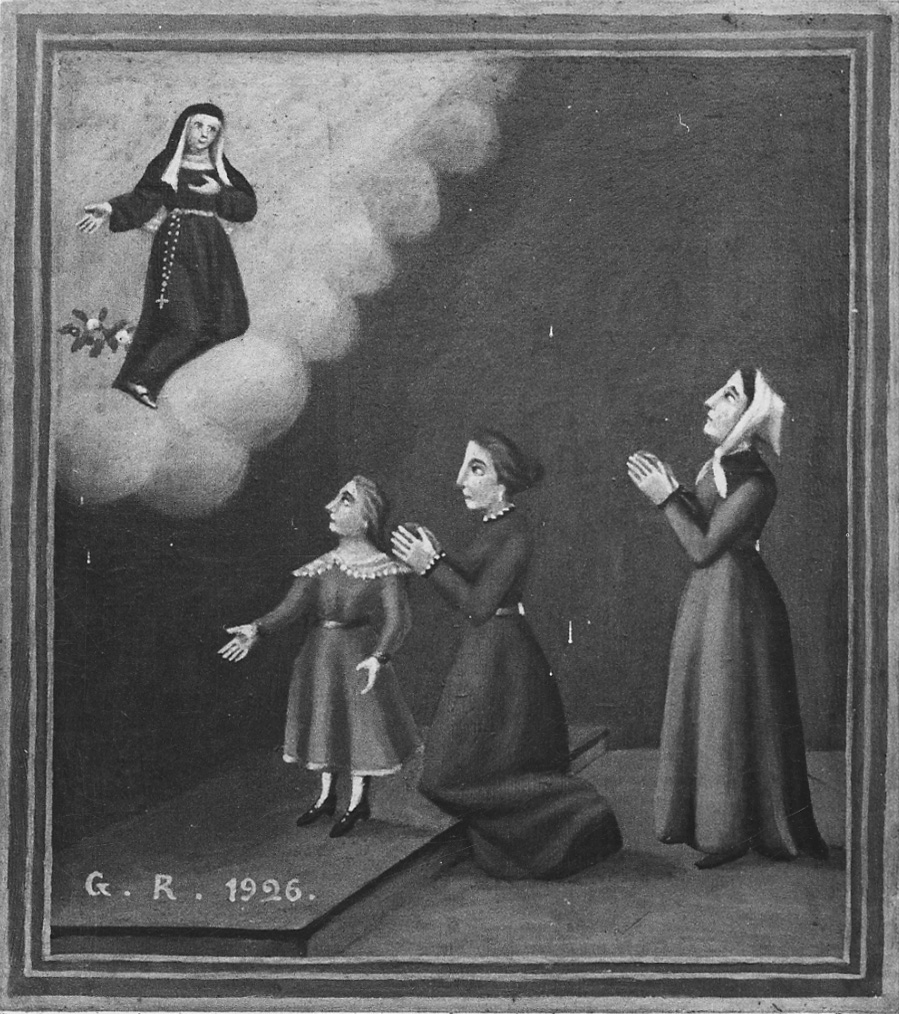 intervento della Beata Paola Gambaro Costa per bambina (ex voto, opera isolata) di Reineri Antonio detto Toni della Madonna (secondo quarto sec. XX)