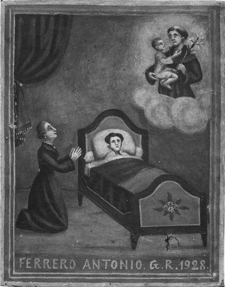 intervento di sant' Antonio da Padova per guarigione (ex voto, opera isolata) di Reineri Antonio detto Toni della Madonna (secondo quarto sec. XX)