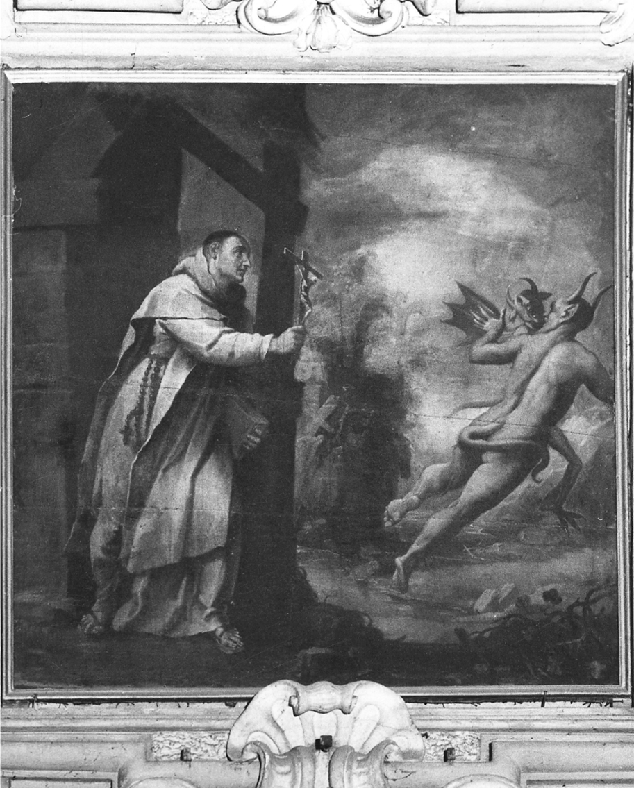 San Brunone caccia i demoni (dipinto, elemento d'insieme) di Bruno Giulio, Bruno Giovanni Battista (secondo quarto sec. XVII)